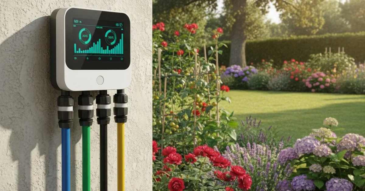 Smarter Bewässerungscontroller an einer Hauswand montiert, Gartenschläuche angeschlossen, Sommer, kein Text